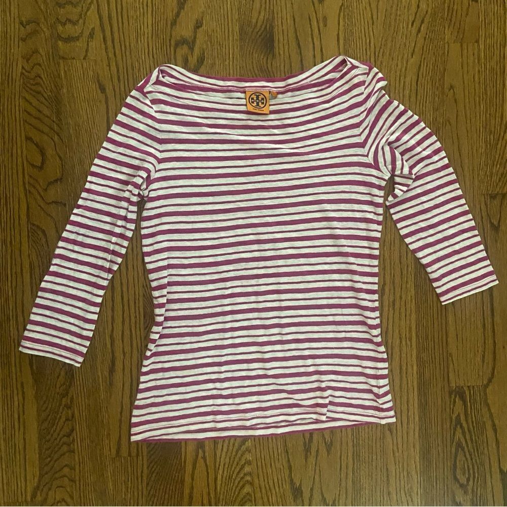 Tory Burch White and Pink Striped Long Sleeve Tee